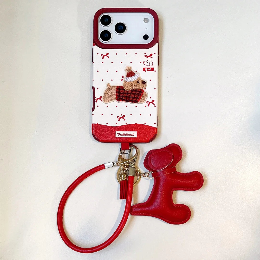 Coque de téléphone avec lanière de chien teckel, Style joyeux noël, pour iPhone