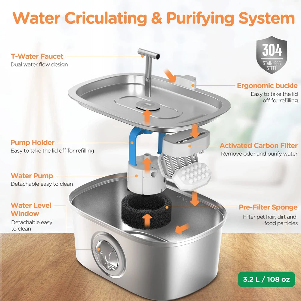 Stainless Steel Pet Water Fountain, Ultra-Quiet Water Dispenser for Multiple Dogs and Cats, 3.2 L