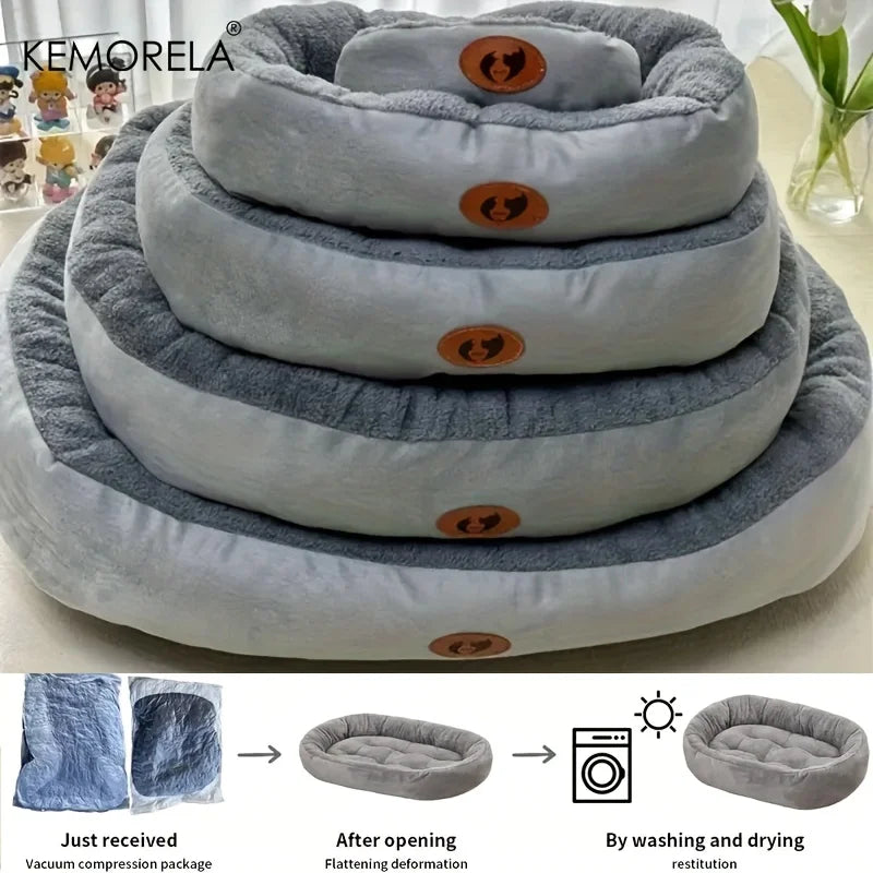 Plush oval pet bed for dogs and cats, thick and washable all-season cushion for dogs and cats for small, medium, and large breeds