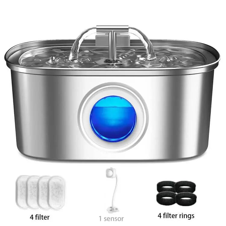 Stainless Steel Pet Water Fountain, Ultra-Quiet Water Dispenser for Multiple Dogs and Cats, 3.2 L