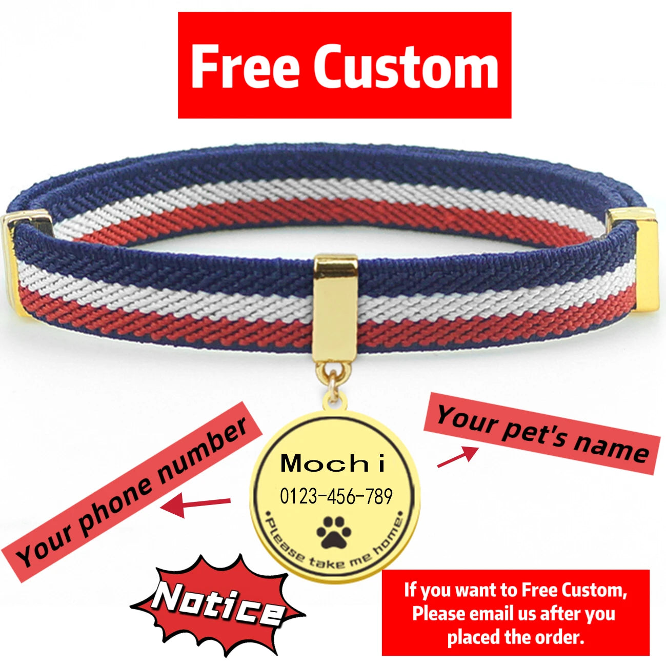Collier de chat personnalisé mignon, étiquette ronde en métal