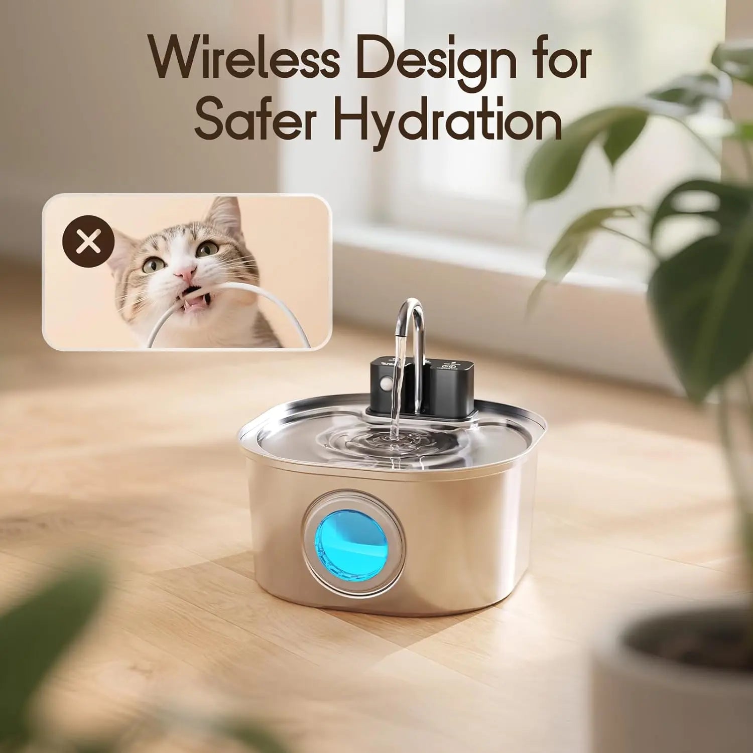 Cat Water Fountain, 3L Stainless Steel Wireless Charging Sensor, Automatic Drinking Fountain for Cats and Dogs, Pet Dispenser Bowl