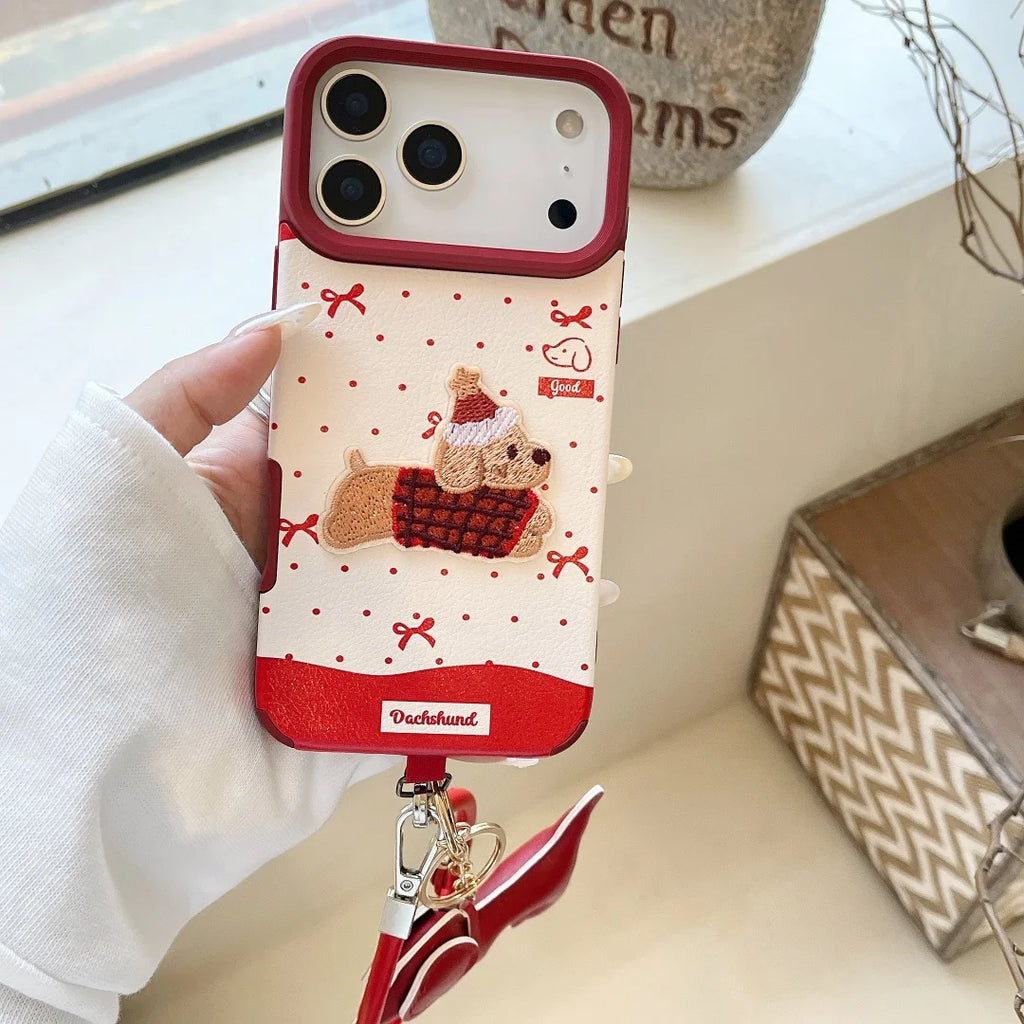 Coque de téléphone avec lanière de chien teckel, Style joyeux noël, pour iPhone