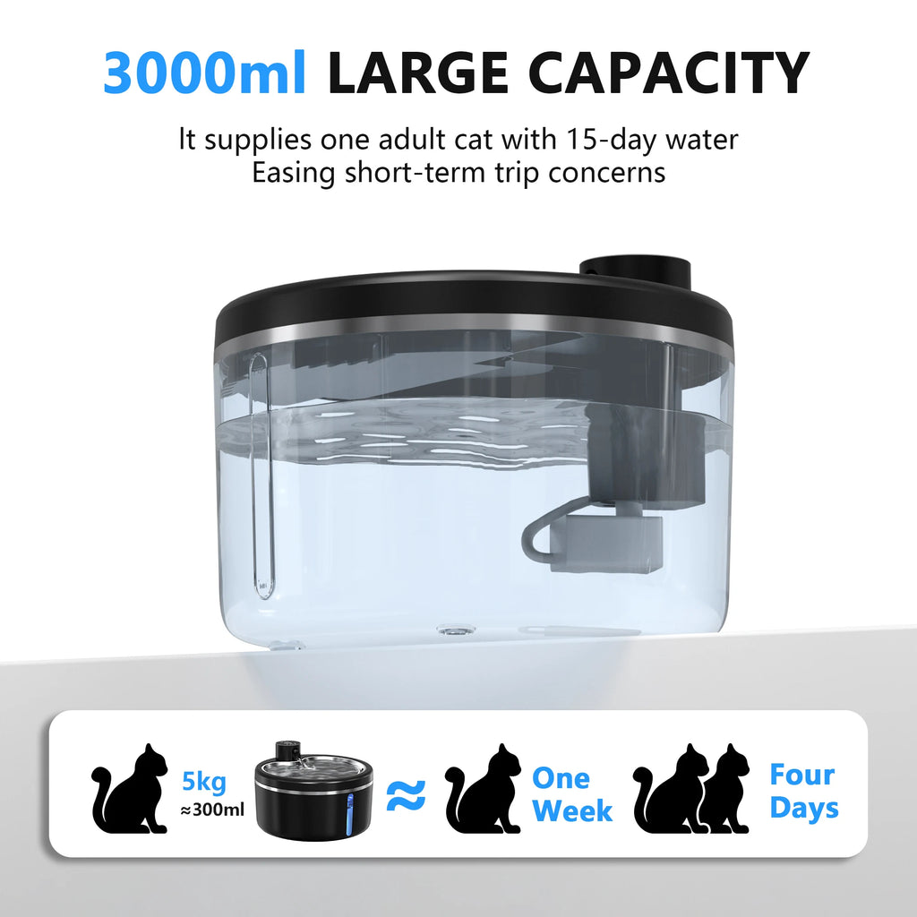 3L Cordless Cat Water Fountain, Silent Pet Water Dispenser with Stainless Steel Tray and Smart Detection, 4000mAh High Capacity Battery