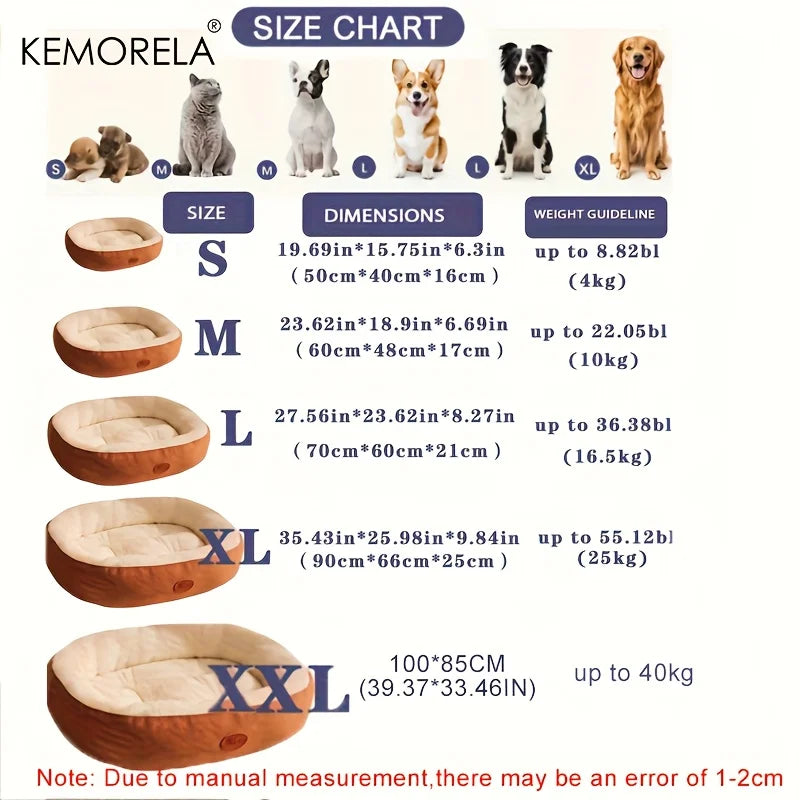 Plush oval pet bed for dogs and cats, thick and washable all-season cushion for dogs and cats for small, medium, and large breeds