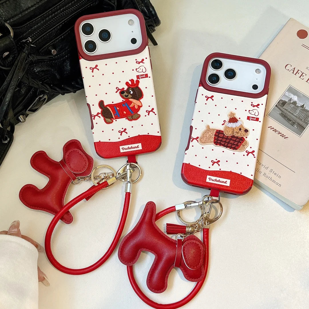 Coque de téléphone avec lanière de chien teckel, Style joyeux noël, pour iPhone