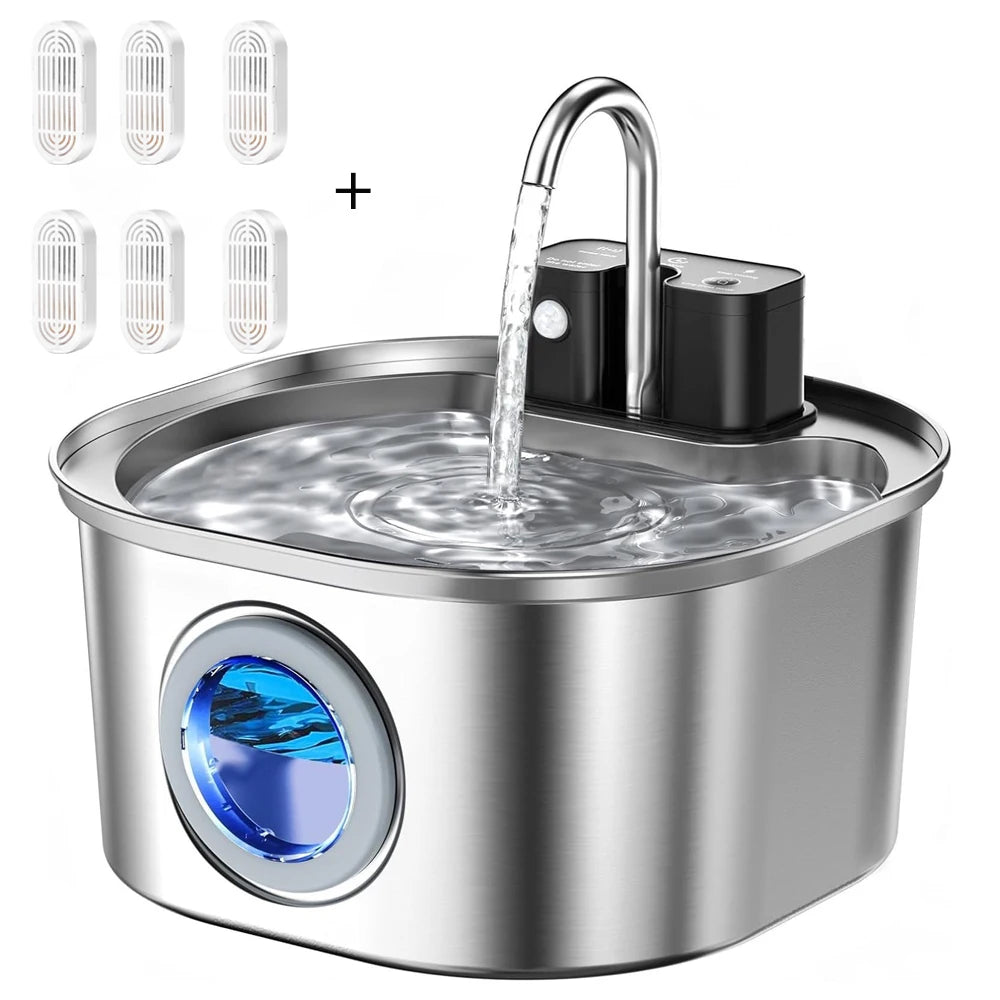 Cat Water Fountain, 3L Stainless Steel Wireless Charging Sensor, Automatic Drinking Fountain for Cats and Dogs, Pet Dispenser Bowl