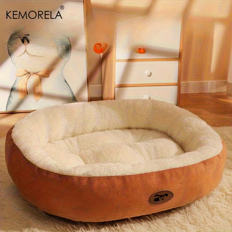 Plush oval pet bed for dogs and cats, thick and washable all-season cushion for dogs and cats for small, medium, and large breeds