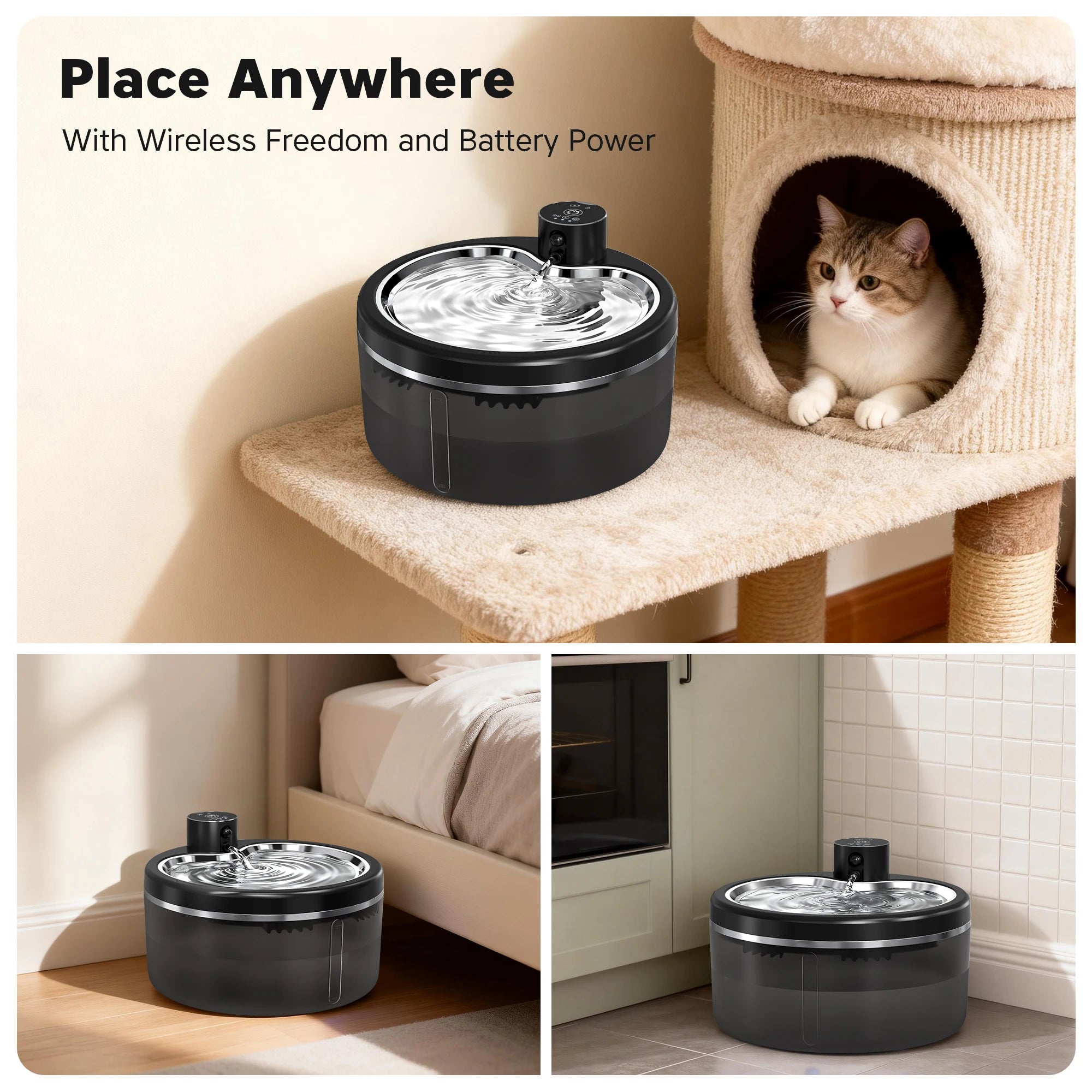 3L Cordless Cat Water Fountain, Silent Pet Water Dispenser with Stainless Steel Tray and Smart Detection, 4000mAh High Capacity Battery