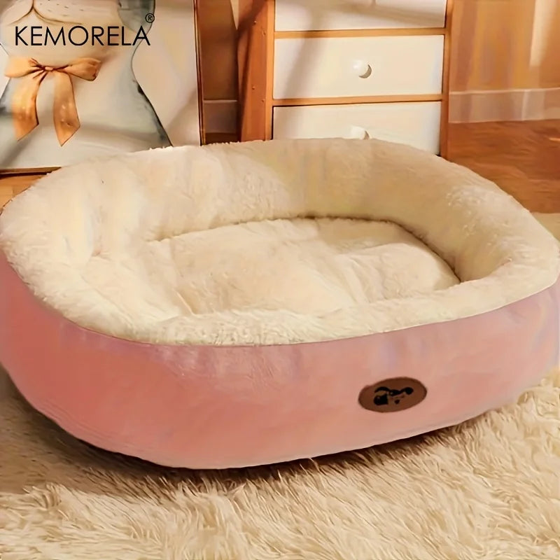 Plush oval pet bed for dogs and cats, thick and washable all-season cushion for dogs and cats for small, medium, and large breeds