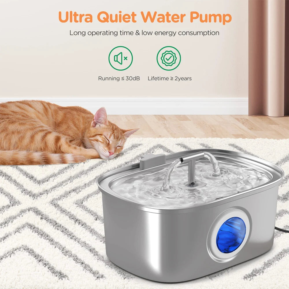 Stainless Steel Pet Water Fountain, Ultra-Quiet Water Dispenser for Multiple Dogs and Cats, 3.2 L