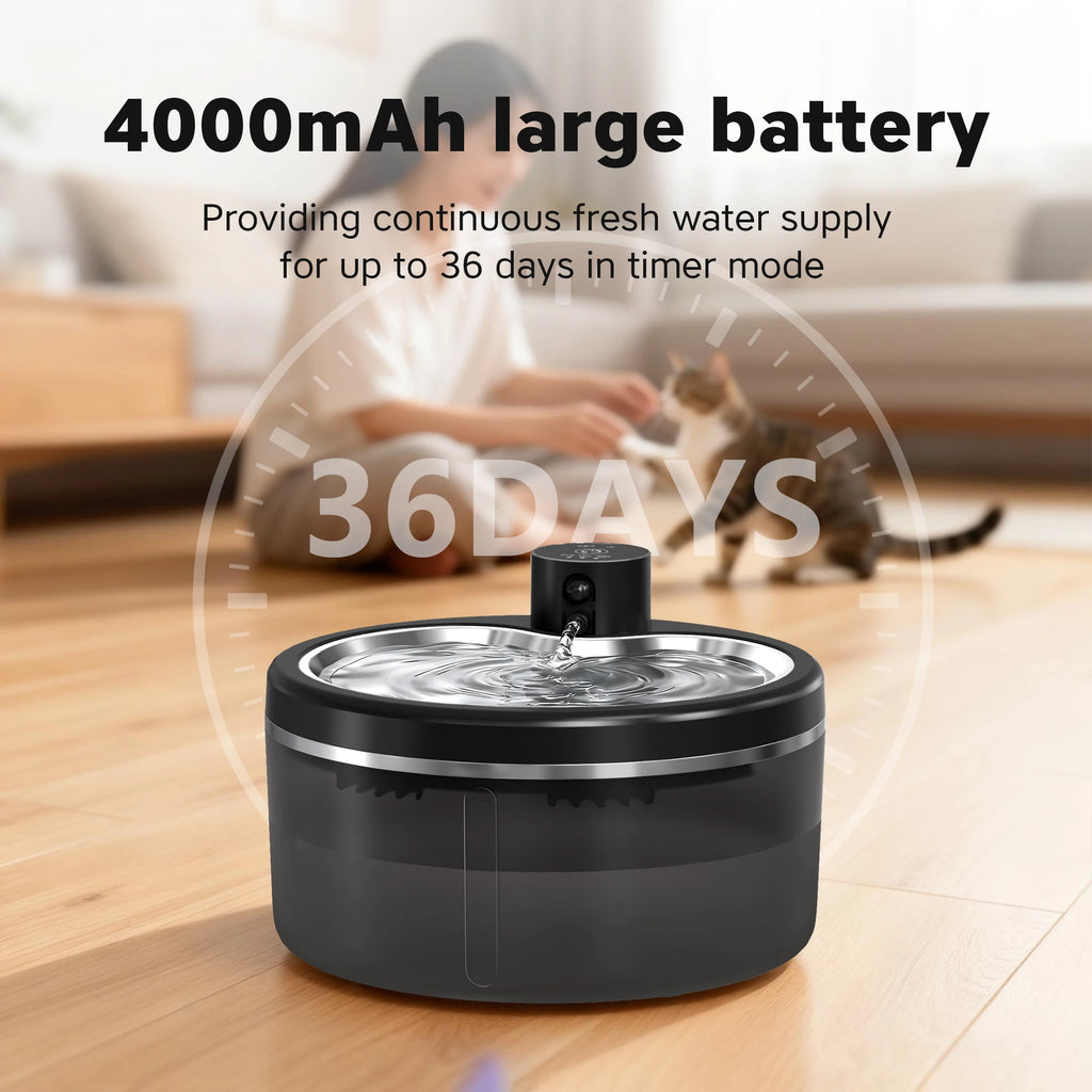 3L Cordless Cat Water Fountain, Silent Pet Water Dispenser with Stainless Steel Tray and Smart Detection, 4000mAh High Capacity Battery