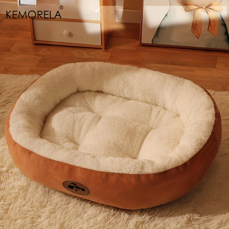 Plush oval pet bed for dogs and cats, thick and washable all-season cushion for dogs and cats for small, medium, and large breeds